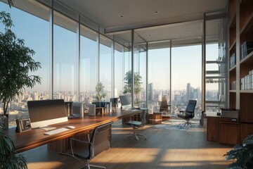 Aufkleber - Modern office with panoramic city views, wooden desk, and leather chairs.