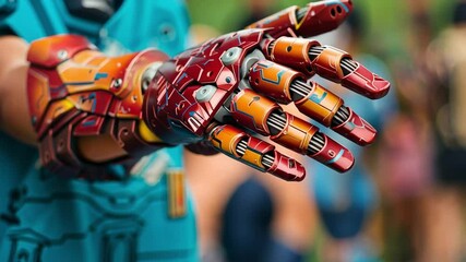 Poster - A highly detailed robotic hand, painted in bright colors, is showcased as part of a technology exhibit at a lively summer convention filled with enthusiasts and creative displays.