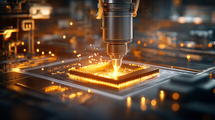 Poster - close up of robotic arm working on microchip, showcasing precision