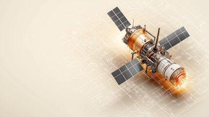 Fototapete - conceptual design of network satellite with solar panels and details