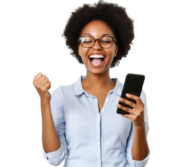 Excited- celebrate and black woman with a phone for win or success on internet. Smartphone- fist and african person with lottery results- victory or achievement isolated on transparent png background