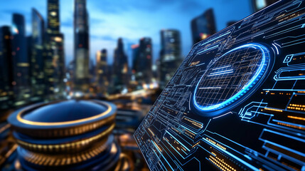 Poster - futuristic cityscape with digital technology and renewable energy