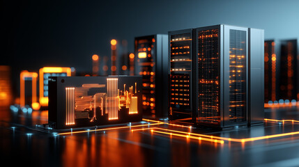 Poster - High tech data center with glowing servers and advanced technology