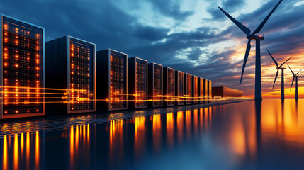 Fototapete - large scale battery storage facility with wind turbines at sunset