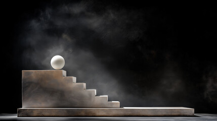 Poster - white sphere rests on textured gray staircase, creating serene scene