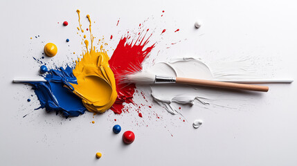 Aufkleber - Bright splashes of blue, yellow, red, and white paint with brush