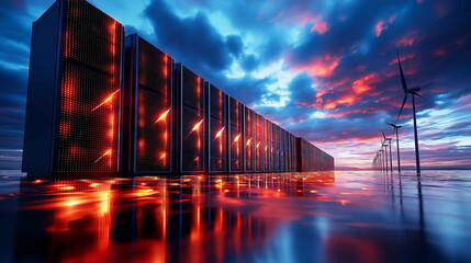 Poster - Advanced energy storage facility with wind turbines at sunset