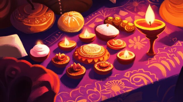 An artistic AI-created illustration of Diwali snacks and sweets,