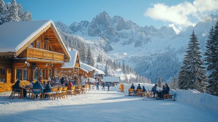 Sunny winter scene at a snowy mountainside chalet with people enjoying outdoor seating.