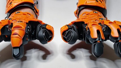 Poster - The image displays a pair of orange robotic gloves designed with intricate details, highlighting advanced technology that enhances dexterity and grip.
