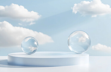 Two transparent glass spheres on a podium, with a sky background featuring clouds