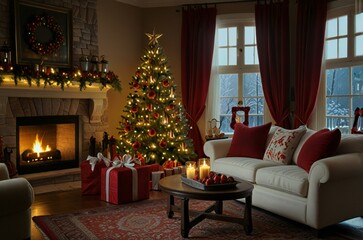 living room with christmas tree