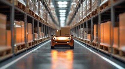 Poster - A compact vehicle navigates a warehouse filled with stacked boxes, highlighting logistics and automation in storage management.