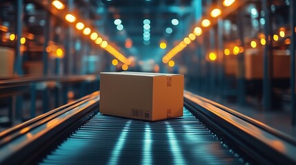 Poster - a cardboard box sits on a conveyor belt in a bustling warehouse illuminated by warm lights, highligh