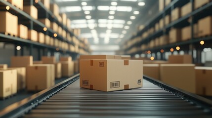 Poster - a single cardboard box sits on a conveyor belt in a spacious warehouse filled with stacked boxes, il