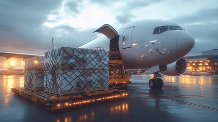 Poster - A cargo plane is being loaded with freight containers during a cloudy evening, showcasing logistics and transportation.