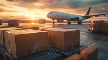 Poster - A cargo plane at sunset, surrounded by stacked boxes on an airport tarmac, highlighting logistics and transportation.