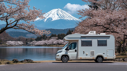 motorhome by mount fuji in spring blossom