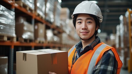 Poster - A young warehouse worker in safety gear smiles while holding a box amidst stacked packages, showcasing a busy logistics environment.
