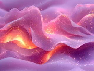 Poster - A mesmerizing abstract representation of fluid waves in shades of pink and purple, illuminated by shimmering golden sparks, creating a dreamy and enchanting atmosphere.