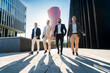 © Jose Calsina - Four confident businessmen walking outdoors in a modern cityscape, dressed in formal suits, casting long shadows, exuding professionalism, teamwork, and leadership in an urban business environment.