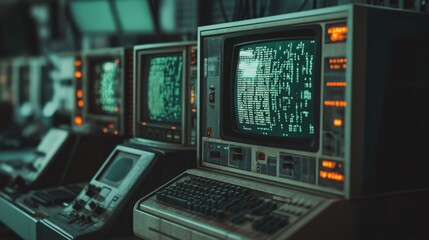 Aufkleber - Vintage Computer Setup with Green Text on CRT Monitor Surrounded by Retro Technology and Illuminated Buttons in a Dark Room Atmosphere