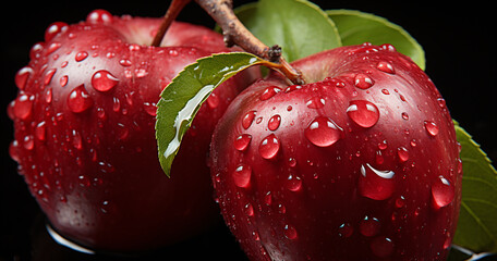 Fresh red apples with water droplets resting on a dark surface highlight their crisp texture and juicy appeal, showcasing nature's bounty in detail and color