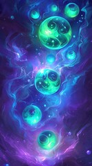 Poster - Surreal Cosmic Portals   Glowing Ethereal Orbs in Vibrant Psychedelic Space Dimension  Abstract futuristic fantasy landscape with fluid light forms energy spheres and dimensional rifts in a dreamlike