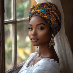 Wall Mural - Young Black woman in traditional African clothing and headwrap, peacefully seated near a window, highlighting beauty, cultural pride, and elegance 