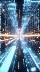 Poster - futuristic digital tunnel filled with a dynamic flow of glowing lights data streams and a sense of s