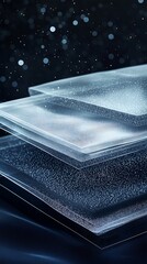 Poster - Transparent glass plates stacked in a minimalist studio setting with dramatic lighting and reflection effects creating a modern elegant and high end product display or mock up scene