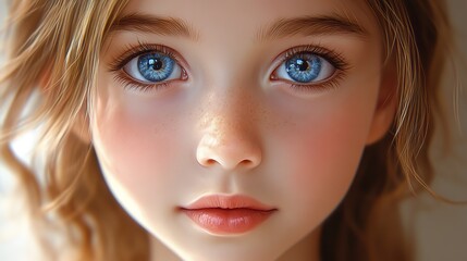 Wall Mural - Close-up digital art portrait of a young girl with delicate features and large expressive eyes, rendered in a soft, realistic drawing style. 