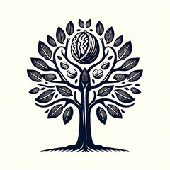 stylized walnut tree illustration with leaves, nuts, and roots.