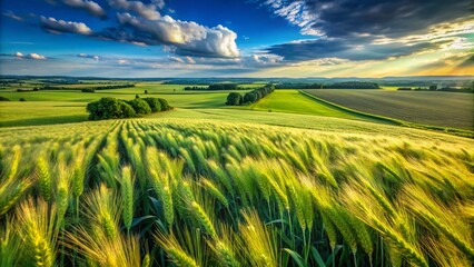 Wall Mural - Stunning Closeup of Lush Green Wheat Ears Captured by Drone Photography in a Vibrant Agricultural Field Showcasing Nature's Beauty and Agricultural Abundance