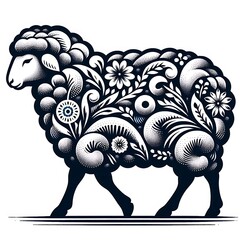 Wall Mural - Ornate floral sheep illustration.