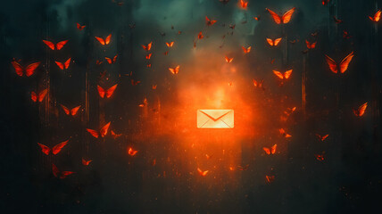 Poster - a large number of butterflies are flying around a small envelope. the envelope is orange and he is g