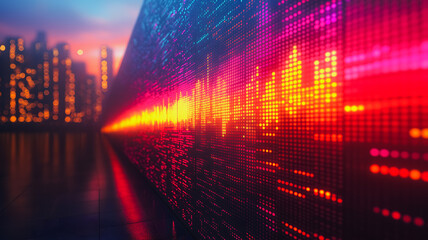 Poster - A colorful wall with a city skyline in the background. The wall is filled with dots and lines that create a sense of movement and energy. The colors are bright and vibrant