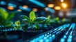 © harryaishi - Close-up of young plants growing under artificial lights in a greenhouse setting.