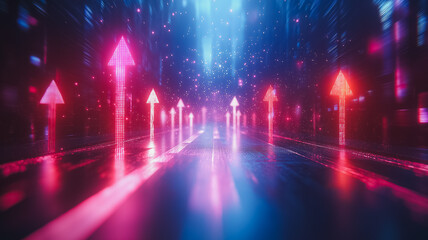 Poster - A futuristic cityscape with a road that is lit up with red arrows. The arrows are pointing in different directions, creating a sense of movement and direction. Scene is one of excitement and progress