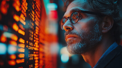 Poster - A man is looking at a computer screen with a lot of numbers on it