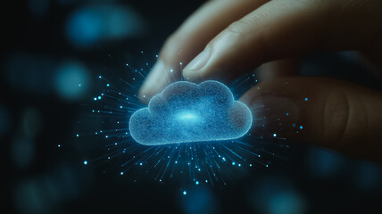 Poster - a hand is holding a blue cloud with a sparkle effect. concept of wonder and excitement about the pos
