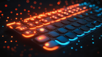 Poster - A keyboard with orange and blue keys. The keyboard is lit up and has a glowing effect. The colors of the keys are bright and vibrant, creating a sense of energy and excitement