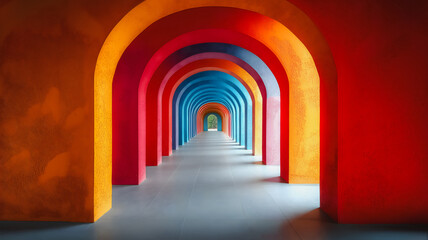 Poster - A long, colorful tunnel with a bright red archway. The tunnel is lined with colorful arches and is illuminated by sunlight. The colors of the arches create a sense of movement and energy