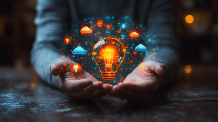 Poster - A person is holding a light bulb in their hands. The light bulb is surrounded by various icons and symbols, giving the impression of a futuristic or technological device