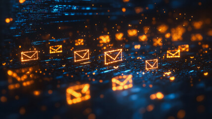 Poster - a computer screen with many small orange and blue letters that spell out the word 