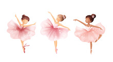 Watercolor Illustrastion Set of Beautiful Ballerina Wears Pink Dress