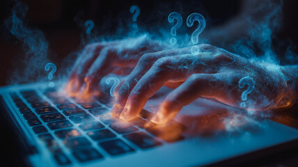 Poster - A hand is typing on a keyboard with a question mark above it. Concept of curiosity and uncertainty, as if the person is trying to find an answer to a question