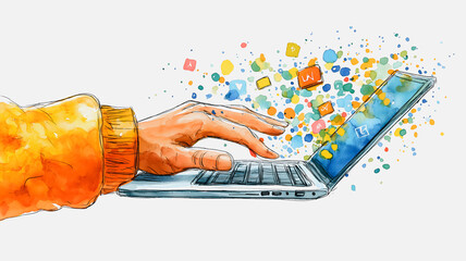 Poster - A hand is typing on a laptop with a colorful background. Concept of creativity and productivity, as the hand is actively engaged in typing on the laptop. The colorful background adds a sense of energy