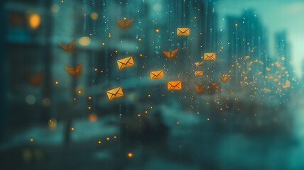 Poster - a blurry image of a city with many envelopes and butterflies flying around. the envelopes are scatte
