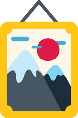 Poster - minimalist painting depicting a mountain landscape with a bright sun, framed in a yellow frame and h